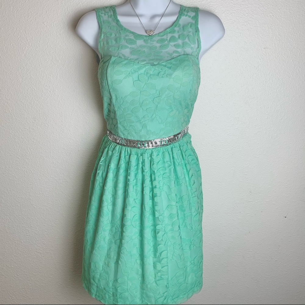 New nwt Candies mint green lace sequin rhinestone dress xs 1 semi formal